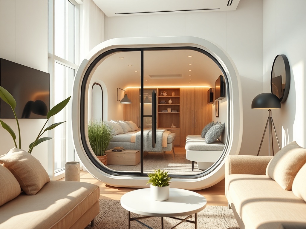 Bright modern pod co‑living room in Dubai